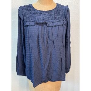 L Love Navy Ruffle Smocked Long Sleeve Blouse Keyhole Top Back Women Small NWT‎